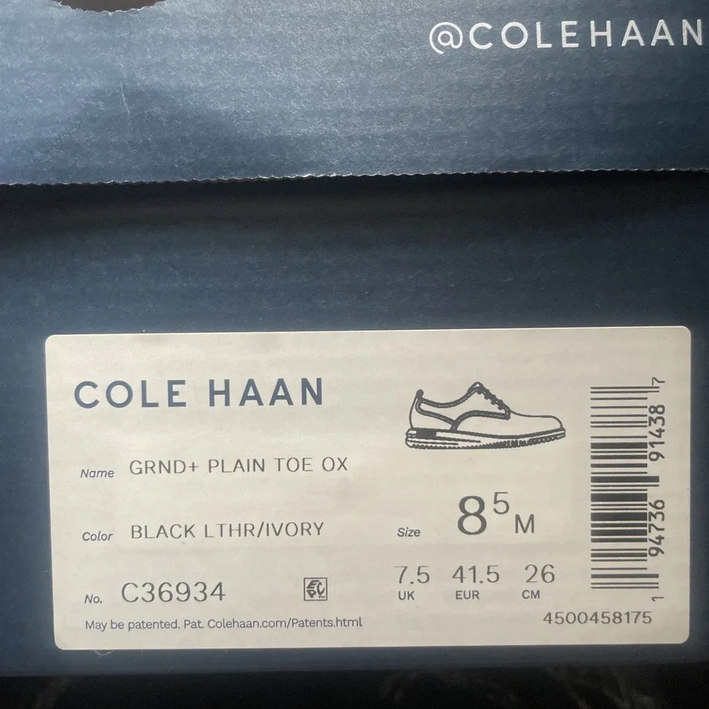 Cole Haan Grand+ Plus Plain Toe Oxford Black Leather Shoes C36934 Men's Sz 8.5 M